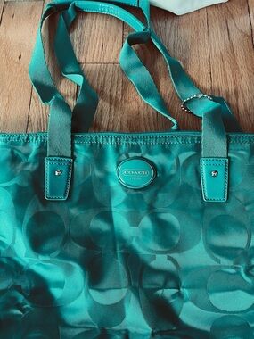 Coach Teal Signature Tote with Double Shoulder Straps 13.5”x25”x9”